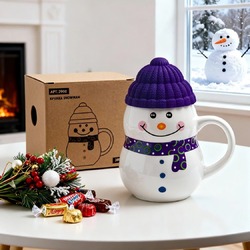 Кружка SNOWMAN с крышкой, белый с синим, 380мл, фарфор, силикон
