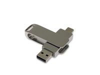 USB-флешка на 32 Гб поворотный механизм 2 в 1, c дополнительным разъемом Type-C с одноцветным металлическим клипом, серебрист