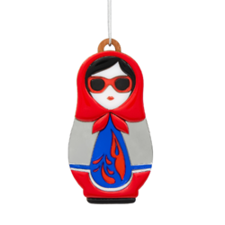 Ёлочная игрушка Матрёшка с узорами (красный с синим)