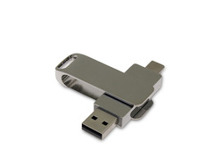 USB-флешка на 16 Гб поворотный механизм 2 в 1, c дополнительным разъемом Type-C с одноцветным металлическим клипом, серебрист